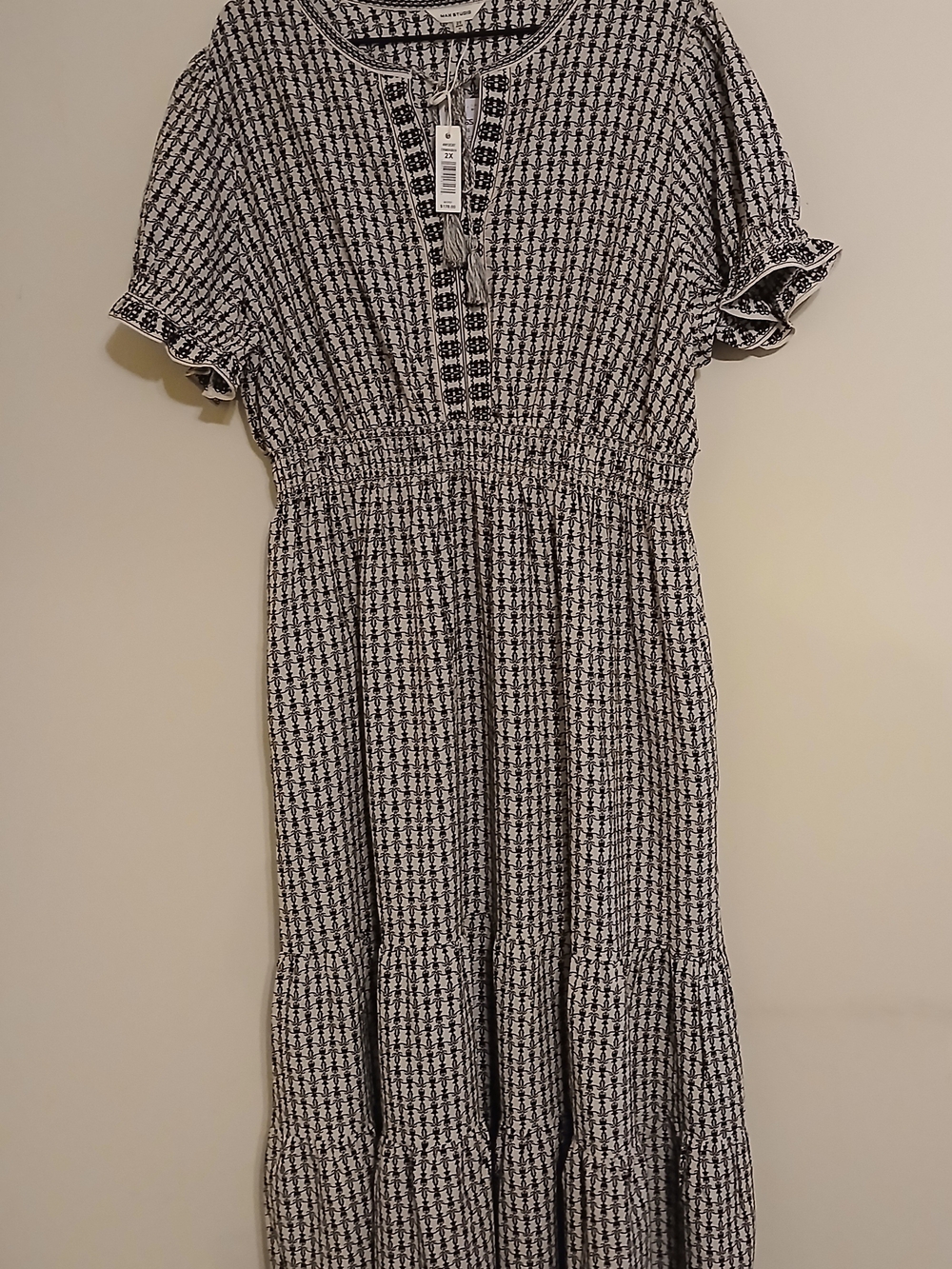 Max Studio Black and Off White Smocked Waist Long Dress
